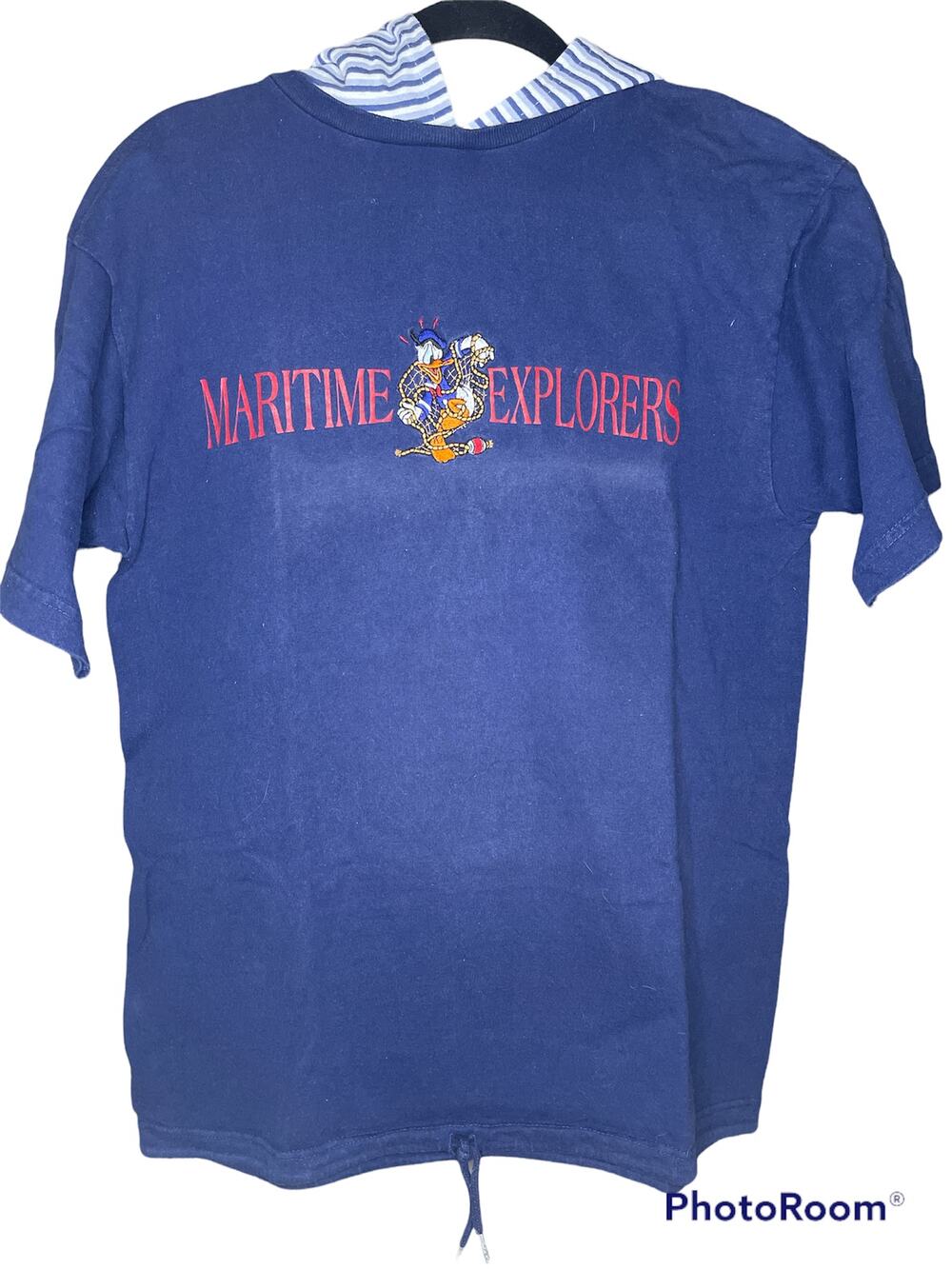 Vintage Disney Blue Short Sleeve Stripe Hood Maritime Explorers Donald Duck S/M